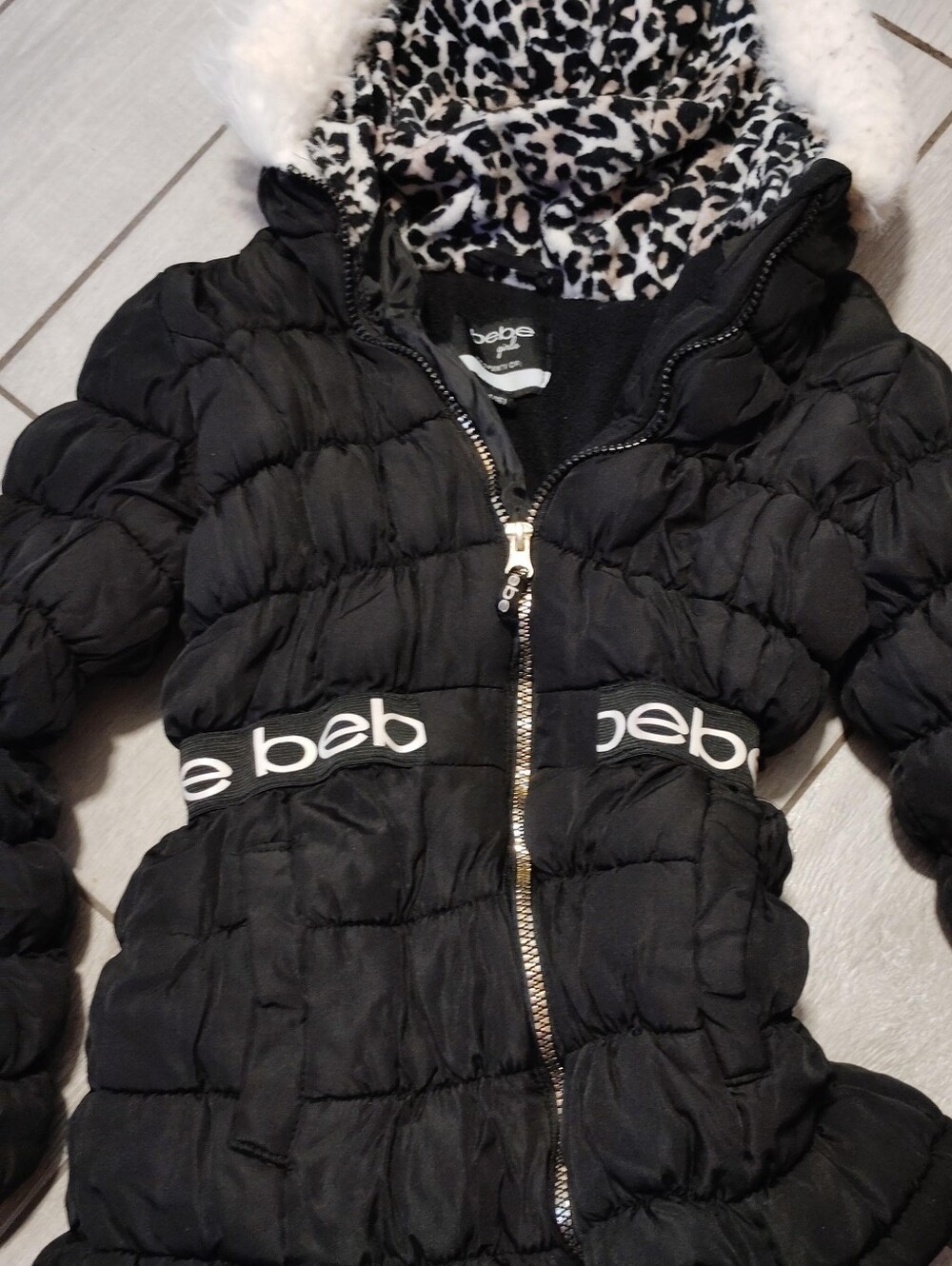 bebe Girls' Black Quilted Puffer Jacket with Faux Fur Hood